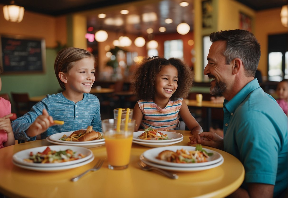 Families dining at a kid-friendly restaurant in Missouri, with colorful menus and cheerful decor. Parents enjoying a stress-free meal while kids are entertained