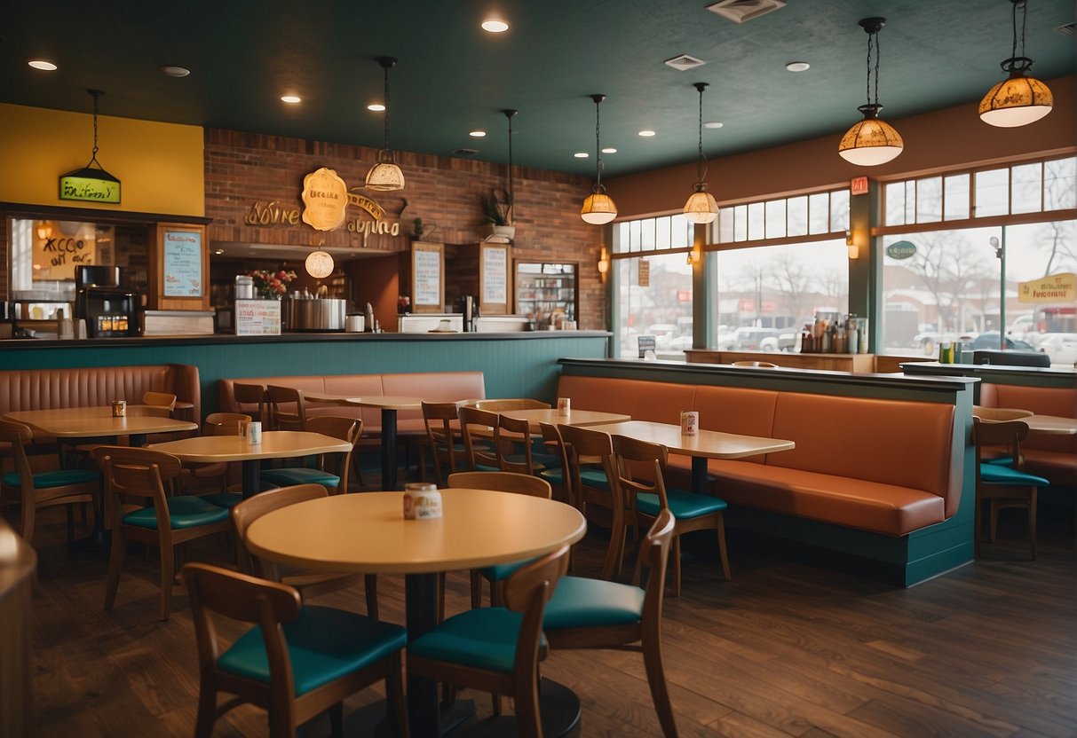A family-friendly restaurant in Missouri with colorful decor, a play area, and a menu featuring kid-friendly options. The atmosphere is lively and welcoming, with families enjoying stress-free meals together