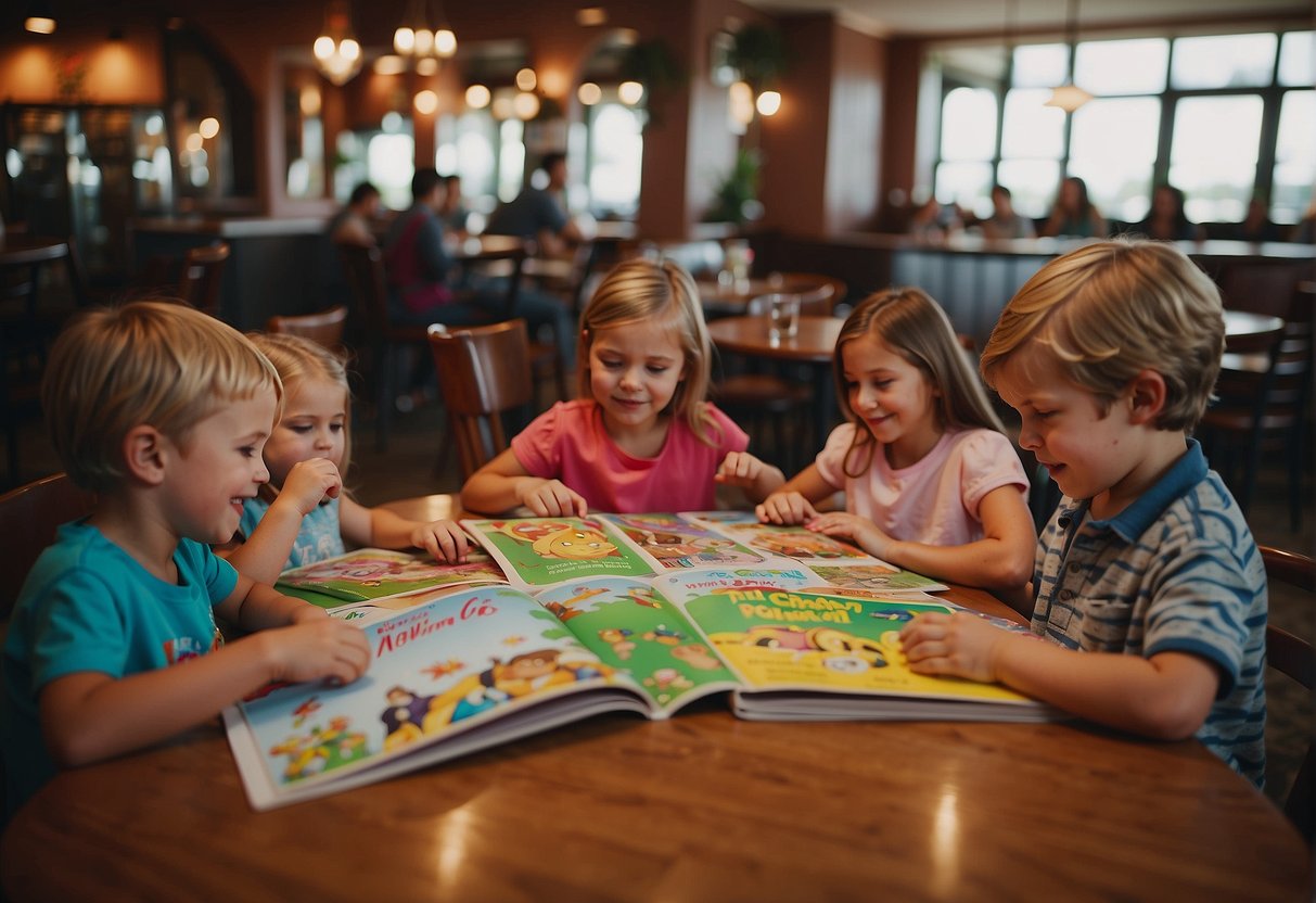 Children happily playing with coloring books and toys at a restaurant table while parents chat and enjoy their meals in Missouri