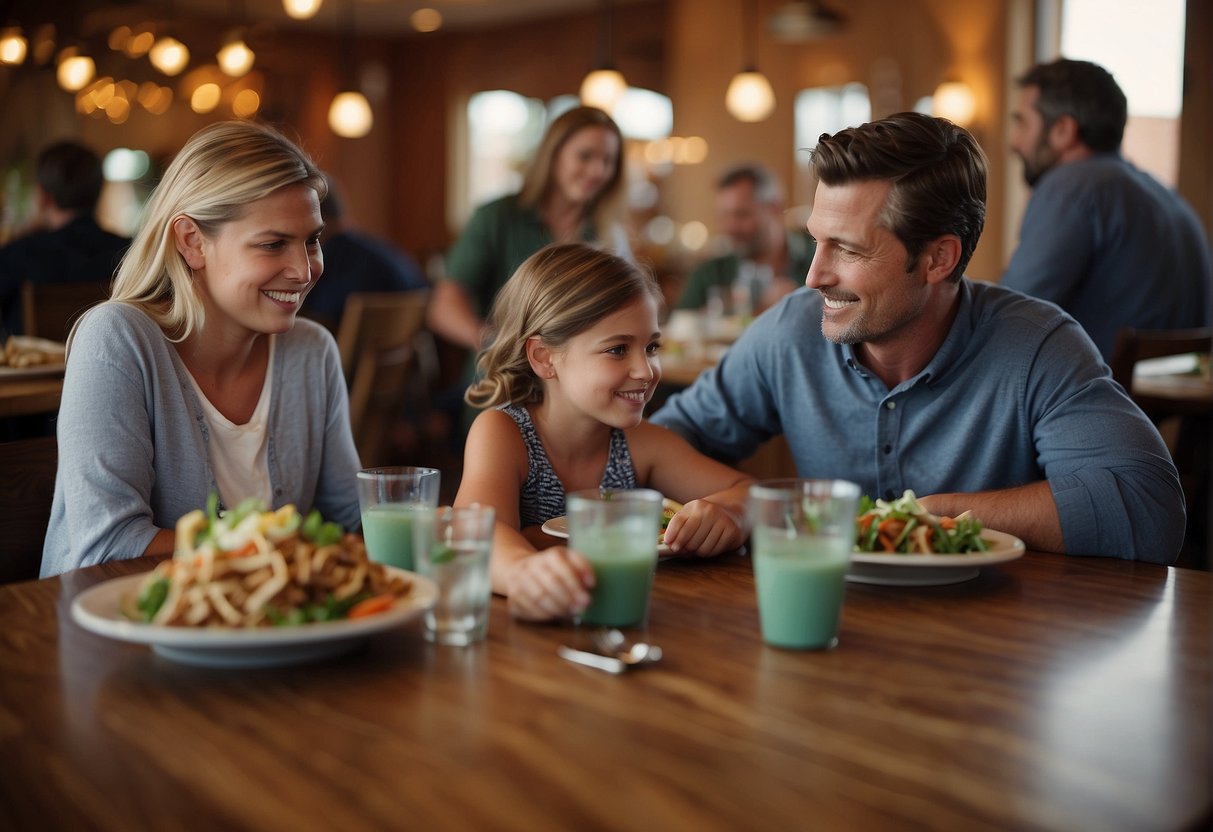 A family sits at a table in a bustling Missouri restaurant. The children are engaged in quiet activities, while the parents calmly enjoy their meal. Servers are attentive, and the atmosphere is relaxed