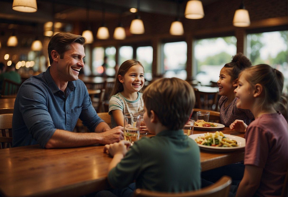 A family sits at a restaurant table in Missouri, enjoying a stress-free meal. The kids are happily engaged in activities, while the parents relax and chat. The atmosphere is welcoming and accommodating for families