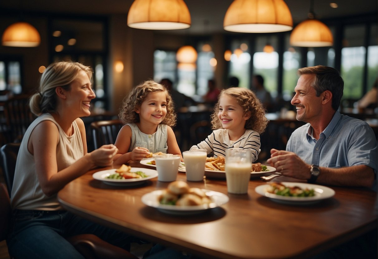A family sits at a restaurant table in Missouri, children happily eating while parents relax. The atmosphere is welcoming and stress-free