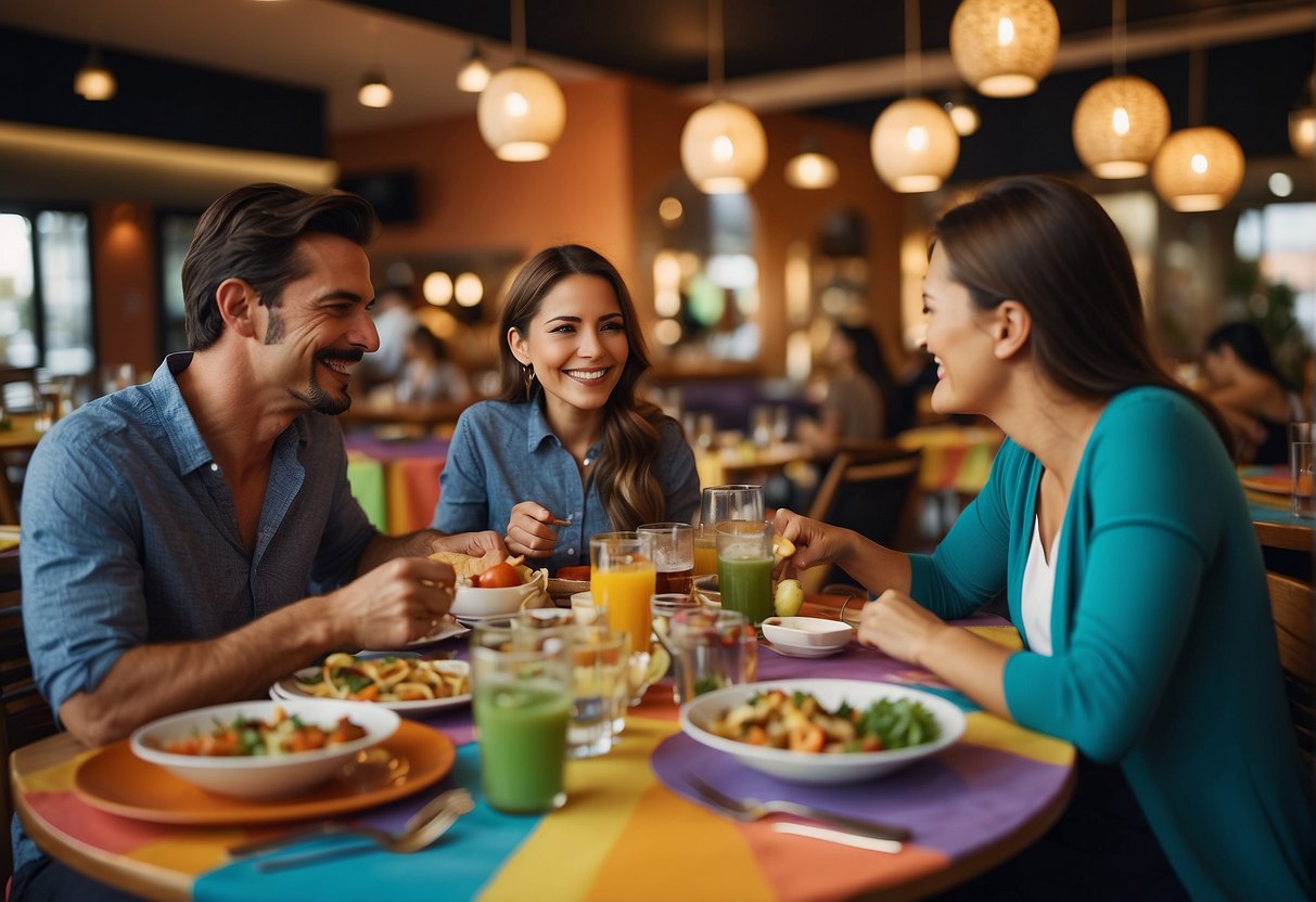 Families enjoying meals at colorful tables in a lively restaurant, with a diverse menu and cheerful atmosphere