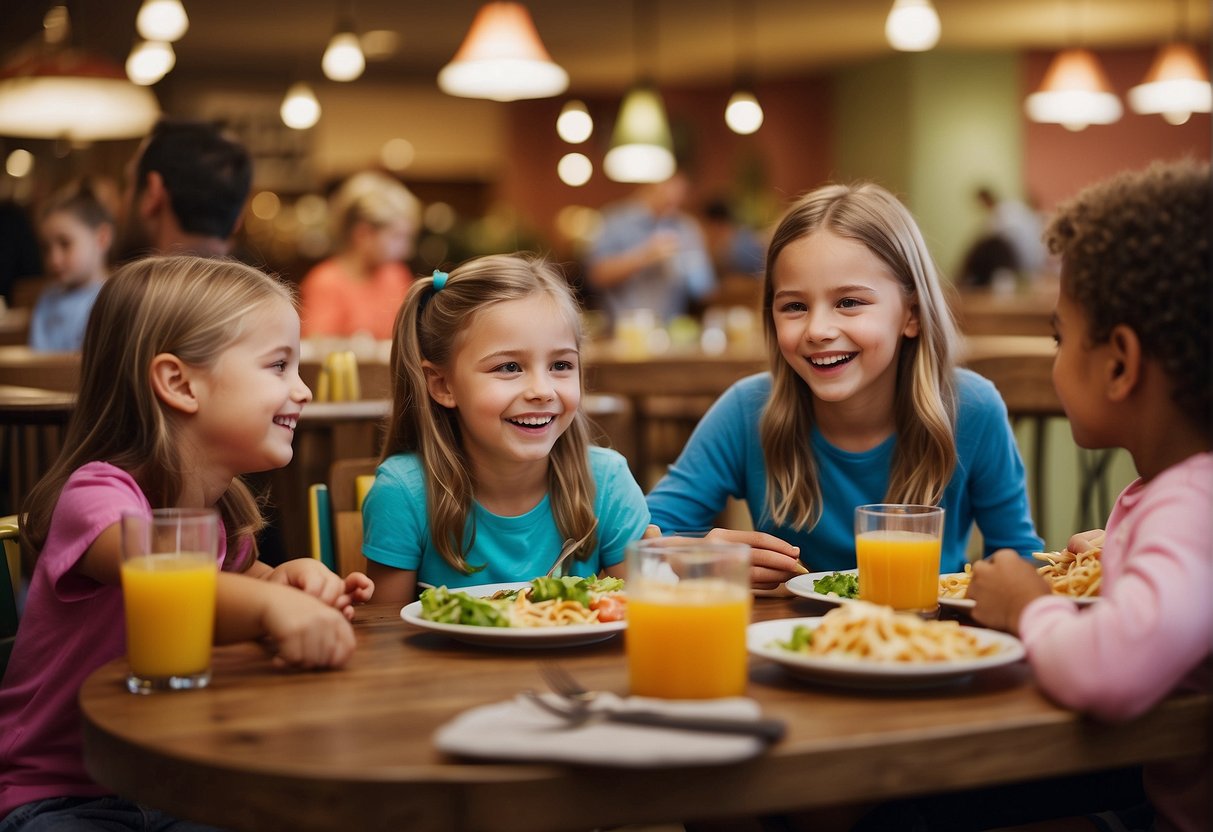 A colorful restaurant scene with happy children enjoying allergy-friendly meals in Missouri. Special diet options are displayed on menus and cheerful staff assist families