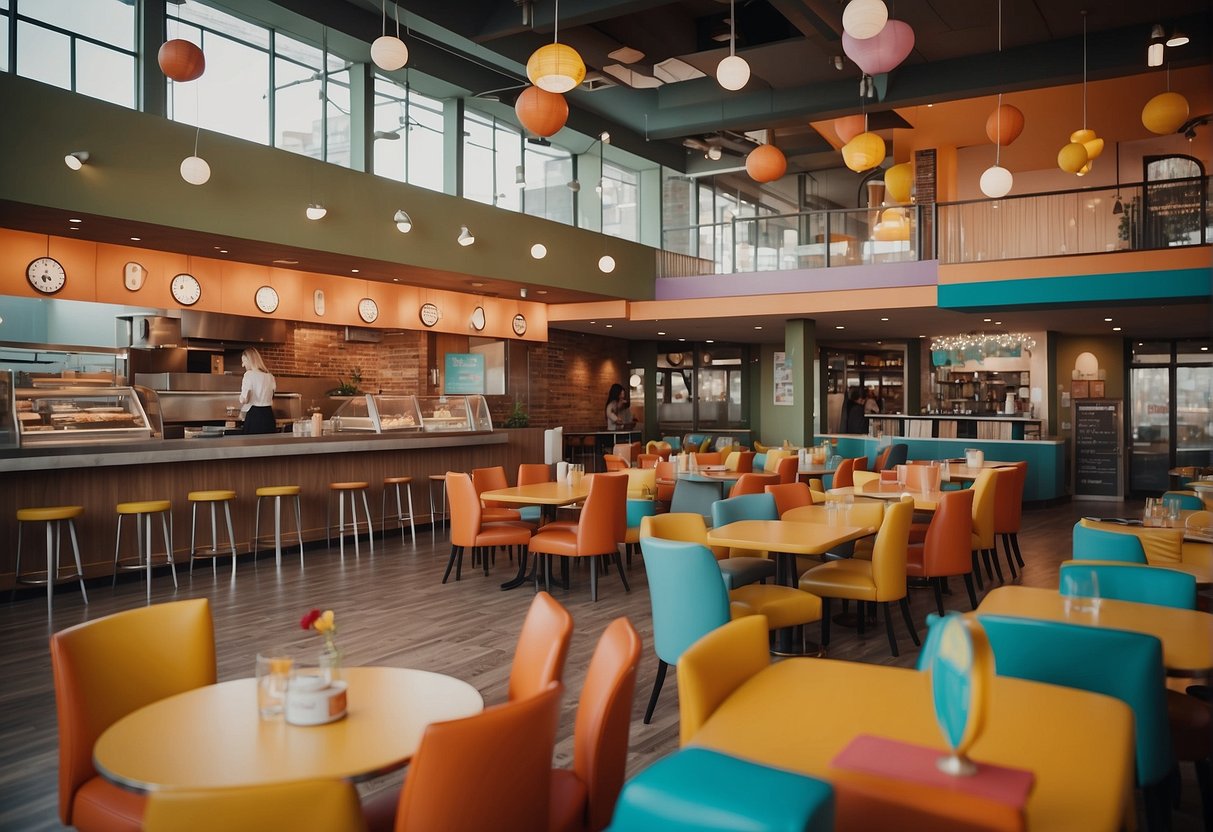 Families gather at a vibrant, spacious restaurant with a play area. Colorful menus and cheerful staff welcome kids and parents