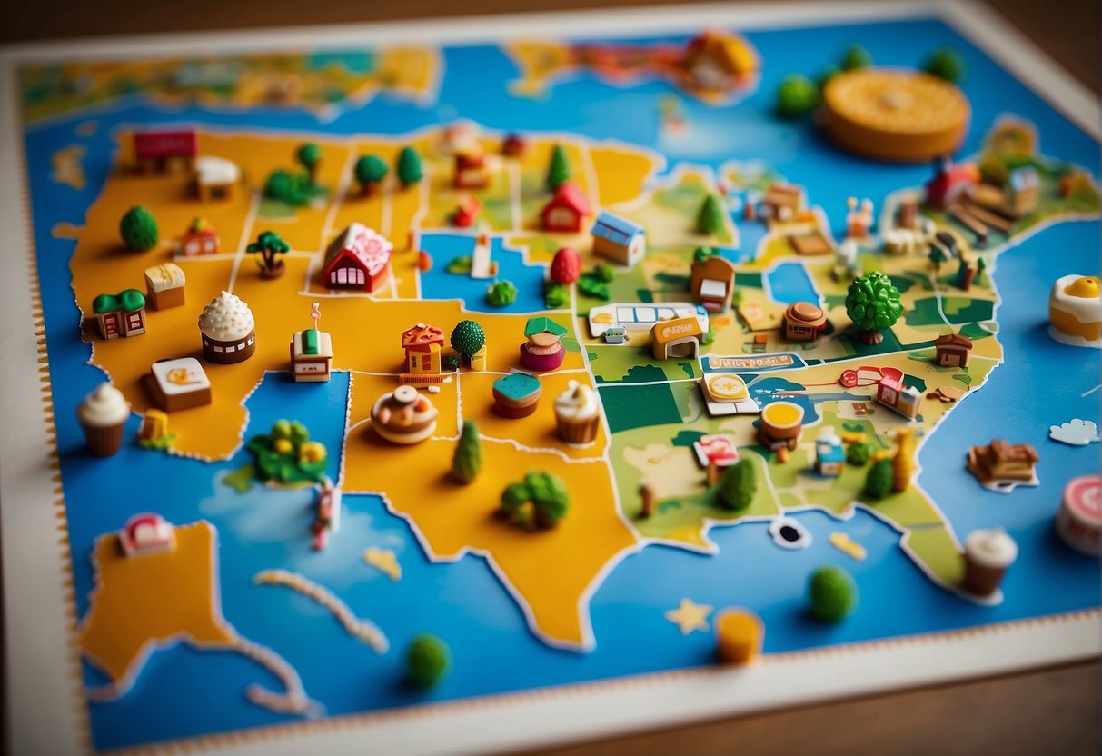 A colorful map of Missouri with icons representing kid-friendly restaurants scattered across the state. The map is surrounded by happy cartoon characters enjoying meals