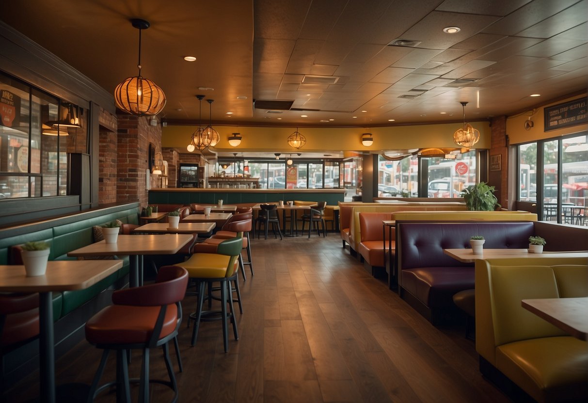 A bustling restaurant with colorful decor, a play area for kids, and a diverse menu of classic comfort foods. Families enjoy meals together at cozy booths while friendly staff cater to their needs