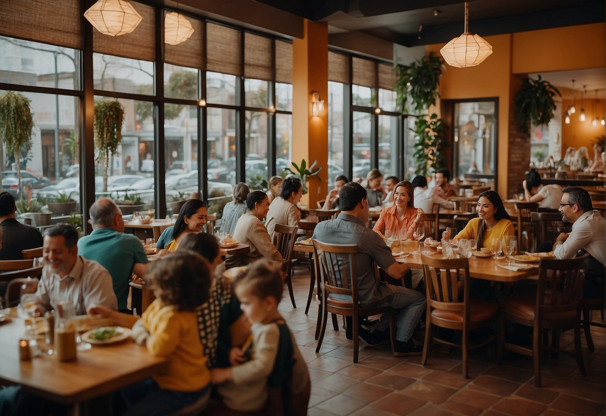 A bustling restaurant scene with a variety of colorful dishes and happy families enjoying their meals. The atmosphere is lively and inviting, with a mix of traditional and modern decor