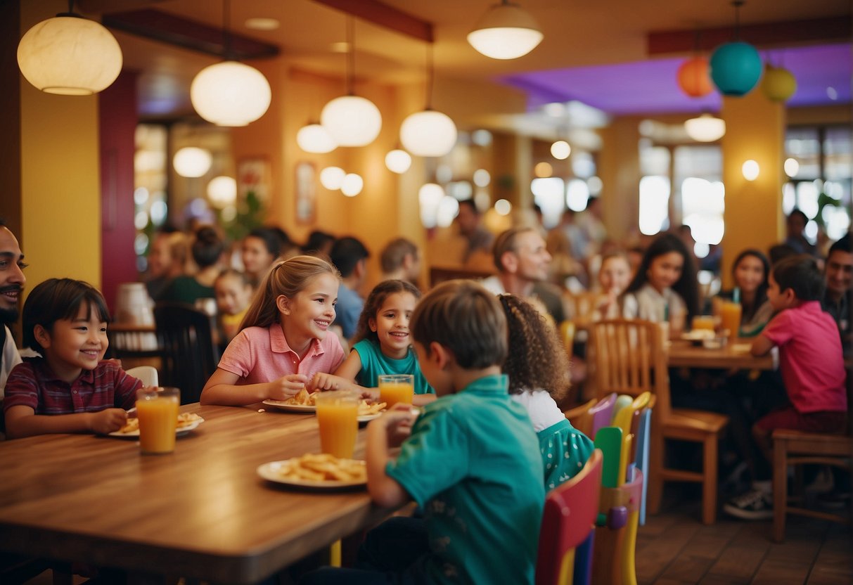 A bustling restaurant filled with families enjoying delicious meals and lively conversation. Brightly colored decor and a welcoming atmosphere create a warm and inviting space for kids and parents alike