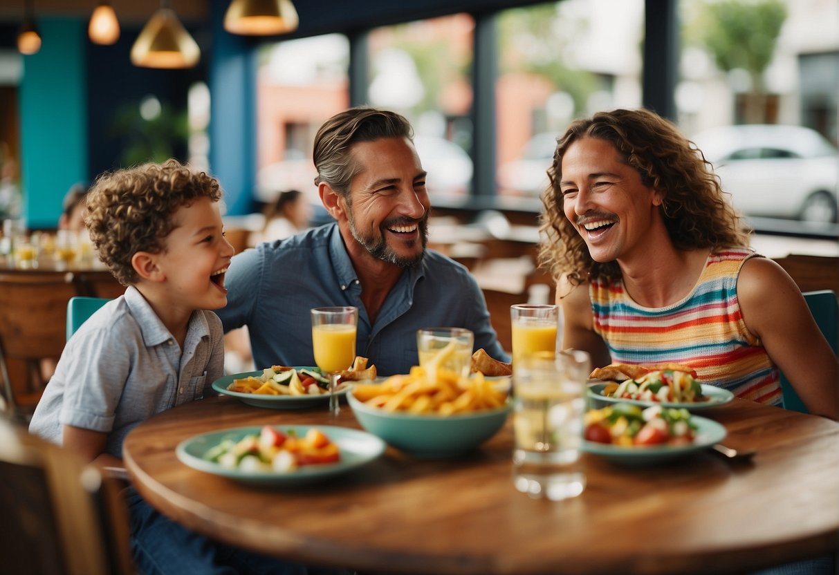 Families laughing and enjoying meals together at colorful tables in a lively restaurant filled with kid-friendly menus and interactive dining experiences