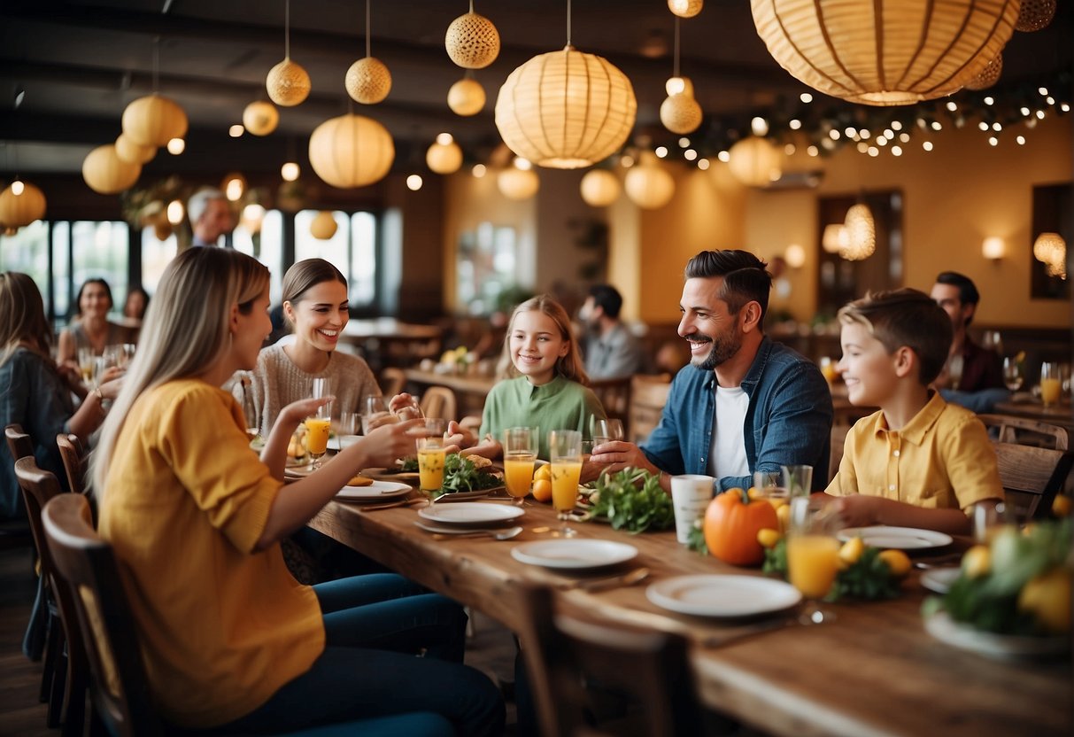 A colorful restaurant filled with families enjoying meals together, with festive decorations and special menus for kids and parents