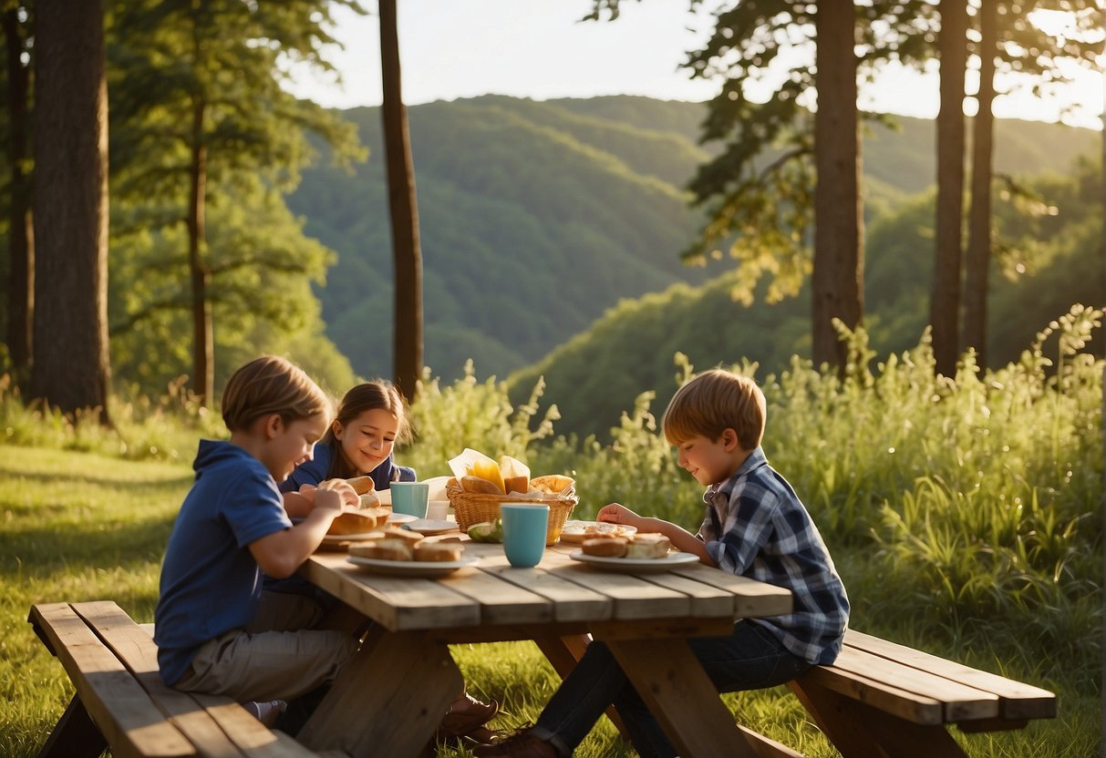 Lush forests, rolling hills, and sparkling rivers. Families enjoying meals at outdoor picnic tables. Children watching in awe as deer and birds roam freely