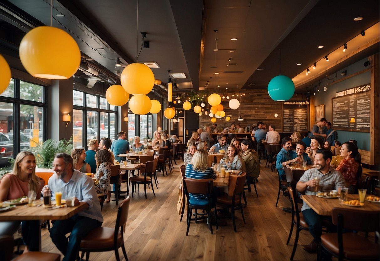 A bustling restaurant filled with colorful decor and happy families enjoying their meals together. The menu features a variety of kid-friendly options and the atmosphere is lively and welcoming