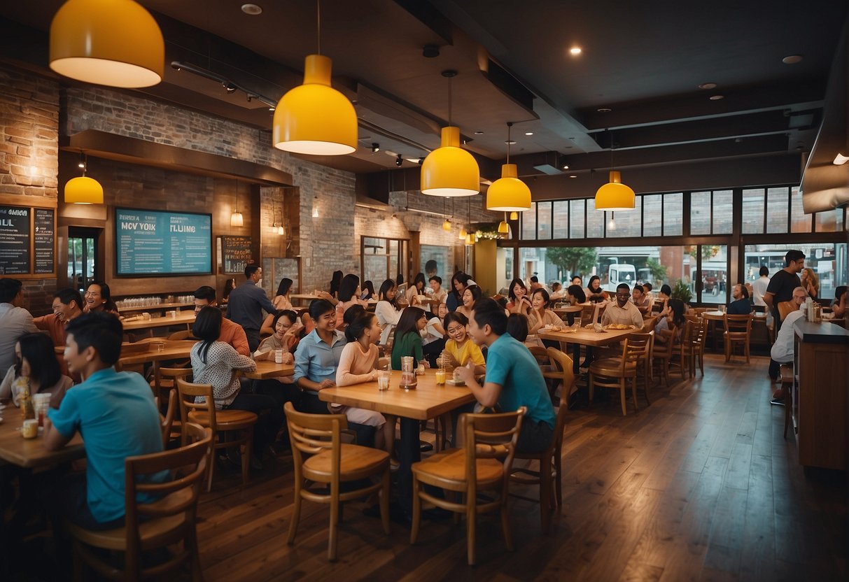 A bustling restaurant filled with families enjoying meals together, children's laughter filling the air, colorful menu boards, and friendly staff