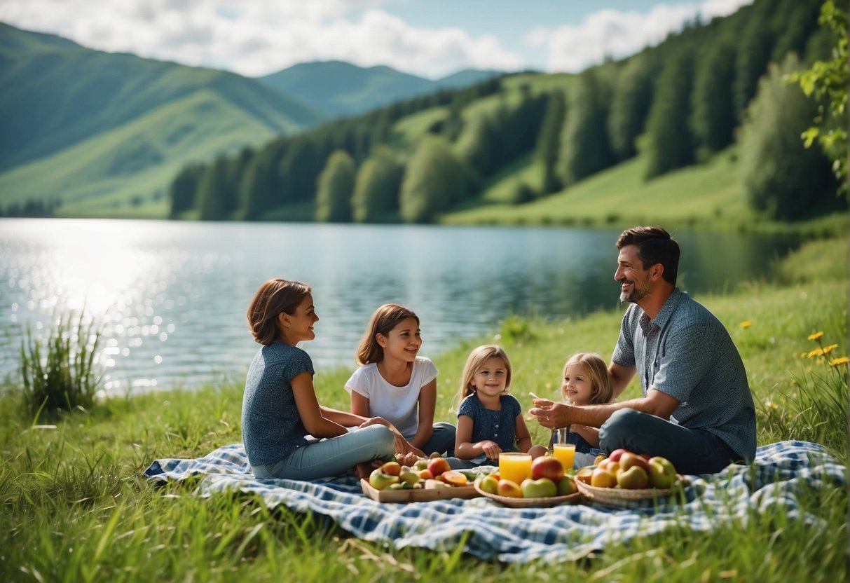 Families enjoying a picnic in a lush, green meadow surrounded by rolling hills and a serene lake in the background