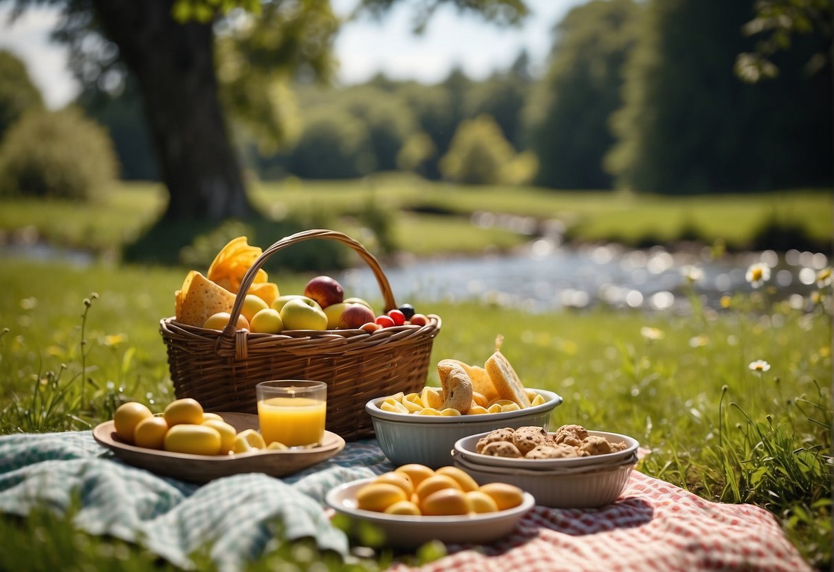 A sunny meadow with a babbling brook, surrounded by lush green trees. A picnic blanket is spread out with a wicker basket and colorful snacks