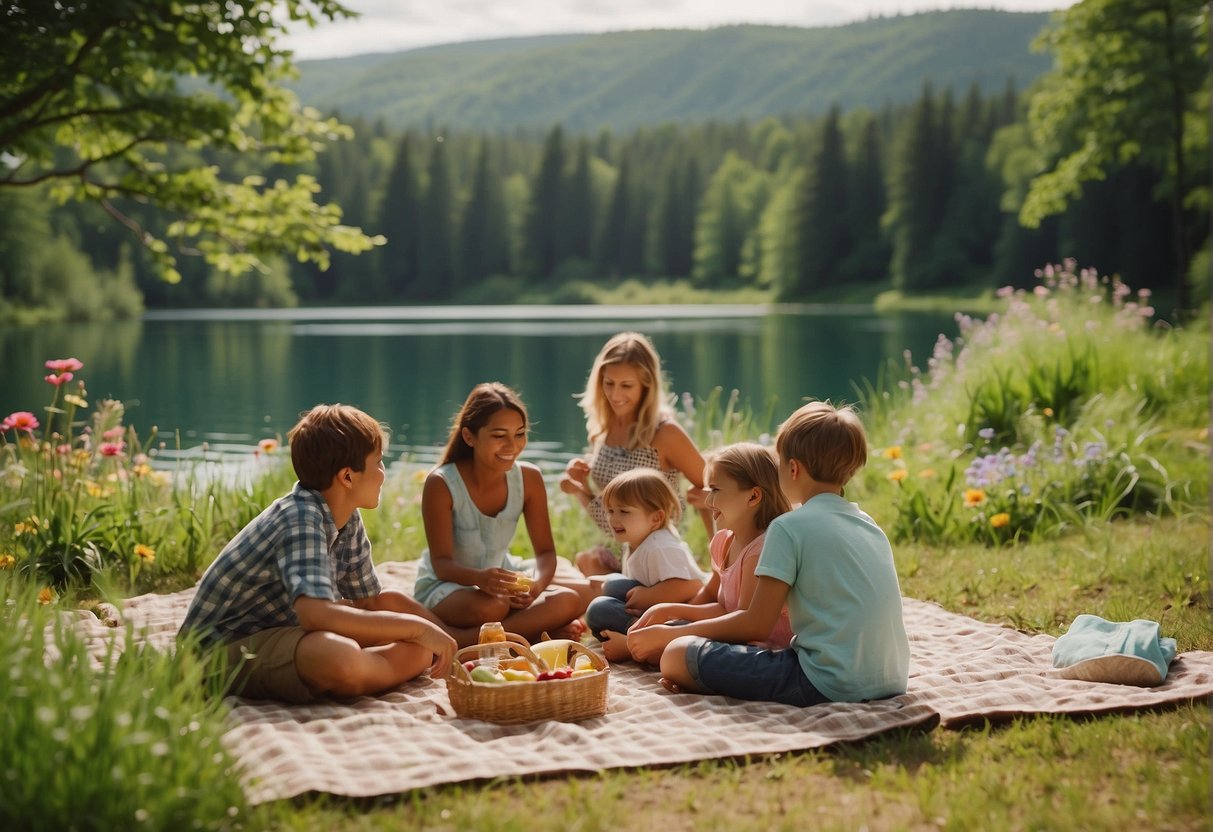 Families picnic near a serene lake surrounded by lush greenery and vibrant wildflowers. Children play games while parents relax on checkered blankets