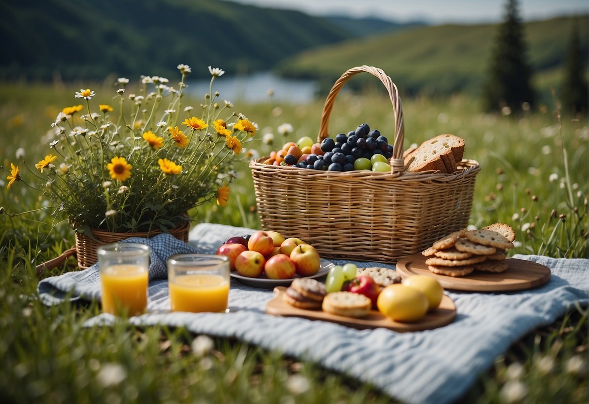 Lush green meadows surrounded by vibrant wildflowers, with a glistening lake in the background. A cozy picnic blanket is spread out, adorned with a wicker basket filled with delicious treats
