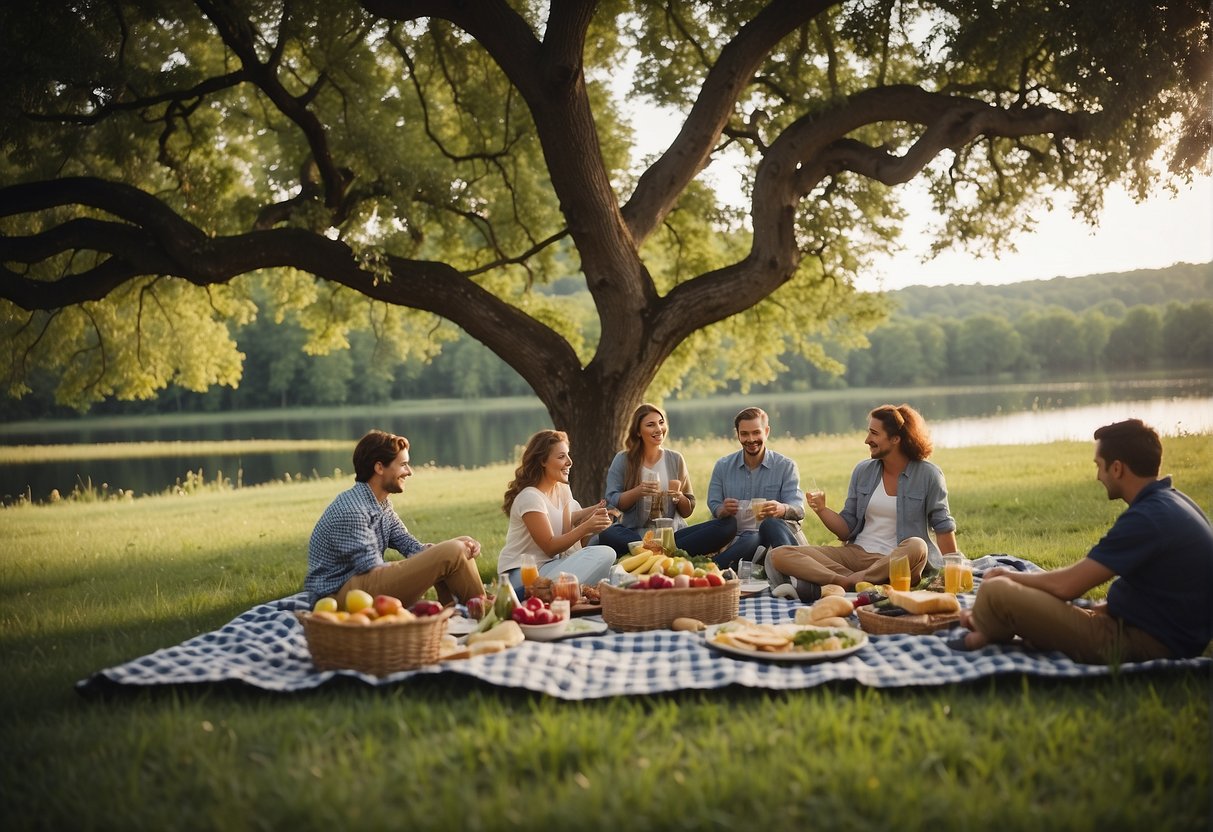 Families gather under sprawling oak trees, surrounded by rolling hills and a tranquil lake. Colorful picnic blankets spread out on lush green grass, with baskets overflowing with delicious food and drinks