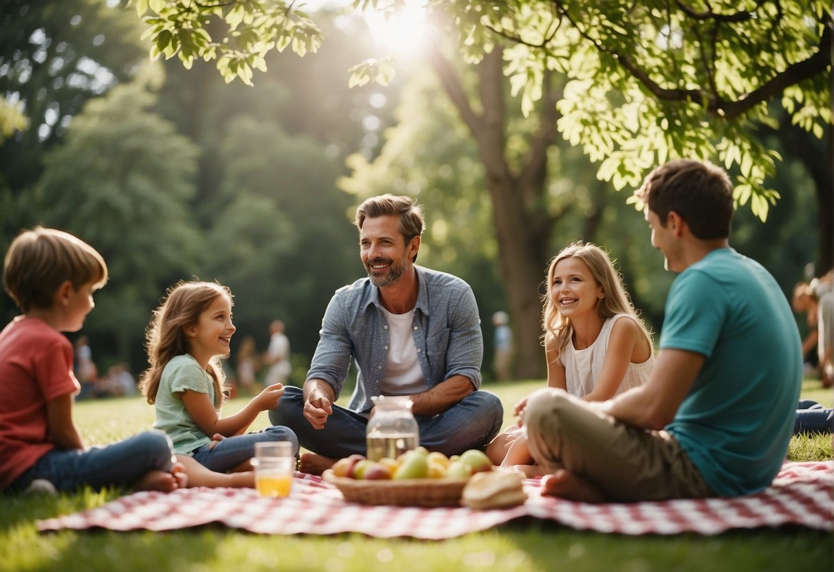 Families gather on lush green lawns, surrounded by towering trees and rolling hills. Picnic blankets are spread out, with baskets full of delicious food and drinks. Laughter and chatter fill the air as children play games and parents relax in the serene