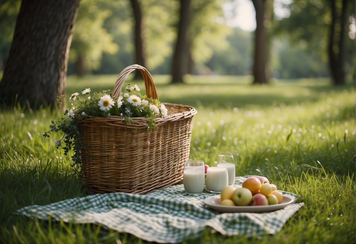 A lush green meadow with a babbling brook, shaded by tall oak trees. A checkered picnic blanket is spread out with a wicker basket and colorful flowers dotting the landscape