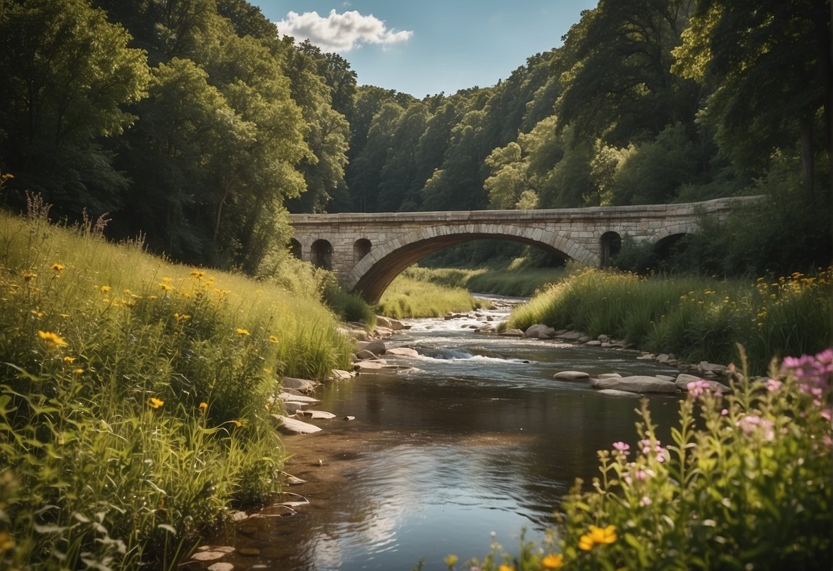 A serene river flows past iconic landmarks, surrounded by lush greenery and colorful wildflowers, creating the perfect setting for a family picnic in Missouri