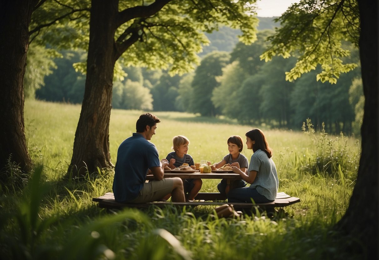 Lush green forests with diverse wildlife, winding rivers, and scenic meadows. A family enjoying a picnic in a tranquil setting surrounded by nature's beauty
