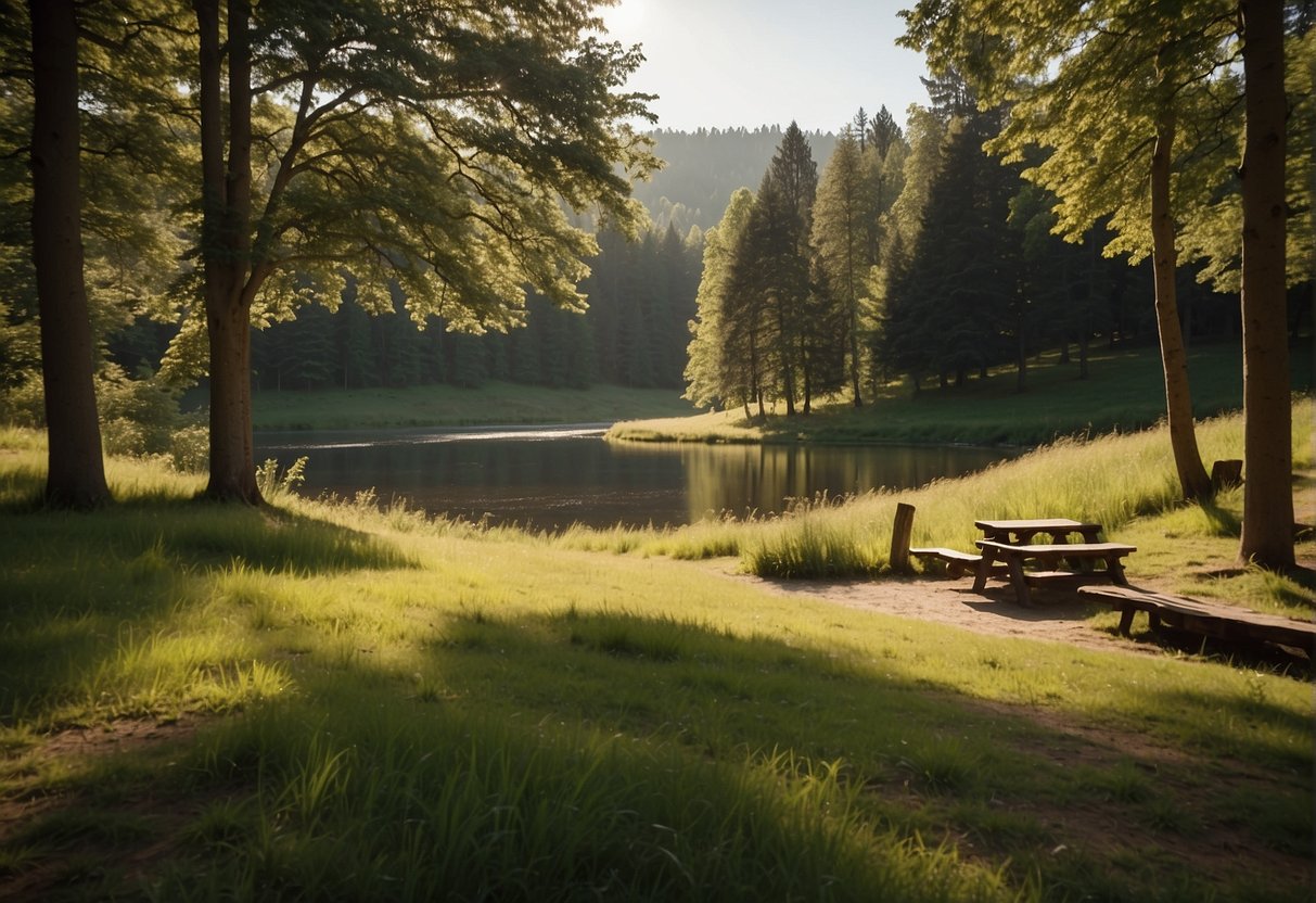 A sunny meadow with a winding river, shaded by tall trees. Families spread out picnic blankets and enjoy the serene natural setting