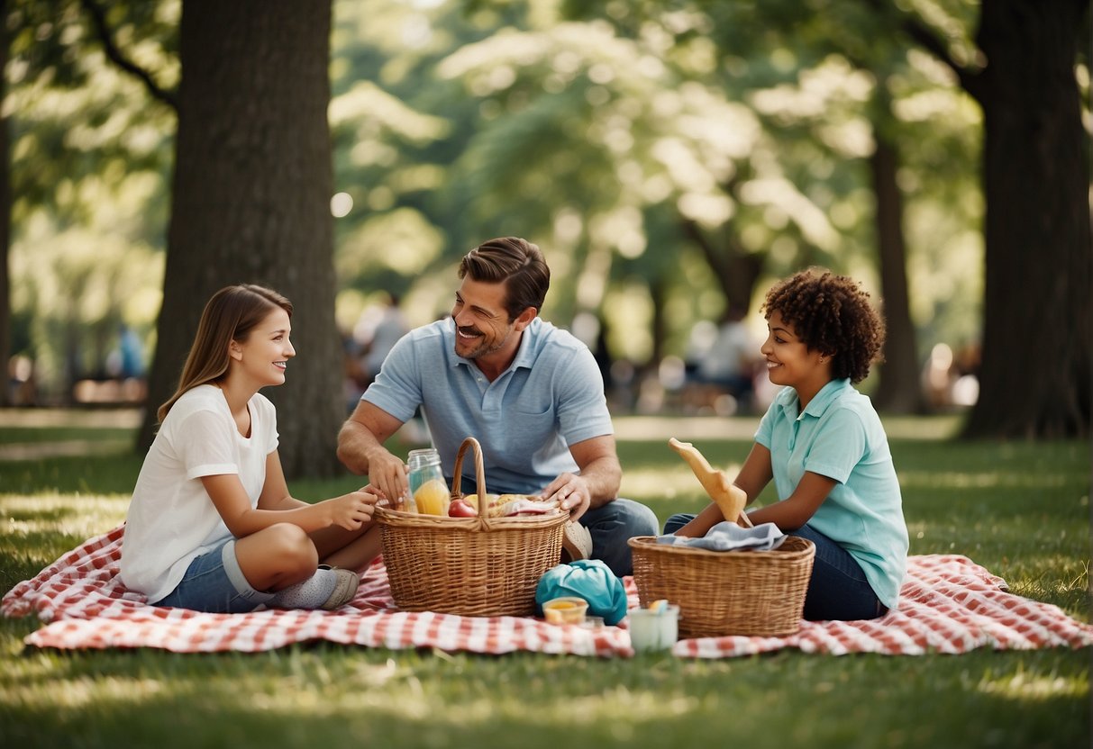 Families spread blankets under shady trees at a picturesque park, with picnic baskets, games, and laughter filling the scene