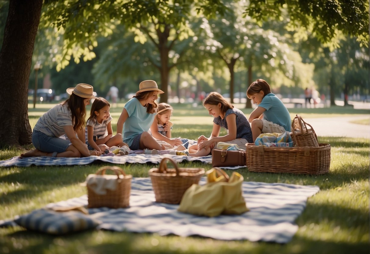 Families spread out blankets under shady trees at a picturesque park. Children play on swings and slides, while parents unpack baskets filled with delicious picnic fare