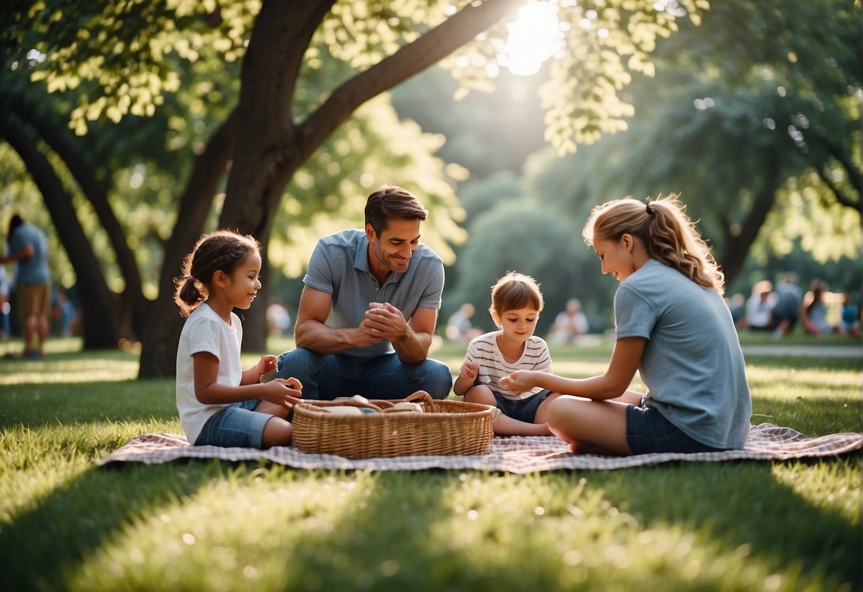 Families gather in a lush park, setting up picnic blankets and baskets under the shade of tall trees. Children play games and run around while parents relax and enjoy the serene outdoor atmosphere