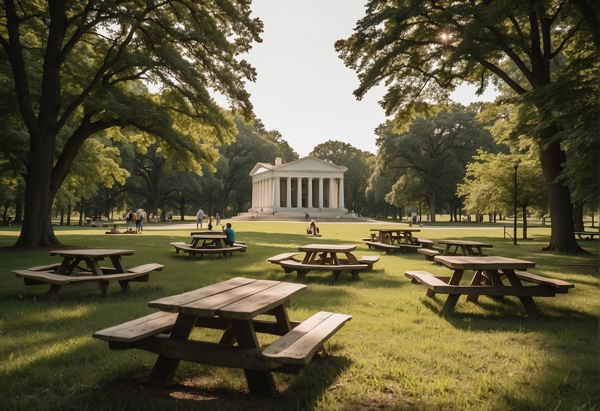 A serene park with lush greenery, picnic tables, and historical monuments. Families enjoying nature and exploring hidden gems in Missouri's cultural attractions