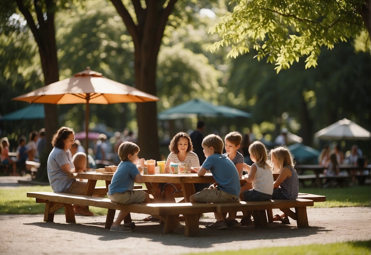 Families gather in scenic parks, enjoying picnics under shady trees. Children play on playgrounds while parents relax and savor local treats