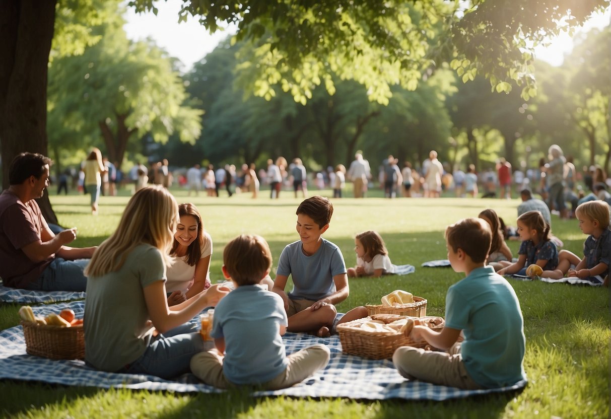 Families spread out blankets under shady trees in a lush park, while children play and parents unpack picnic baskets filled with delicious food