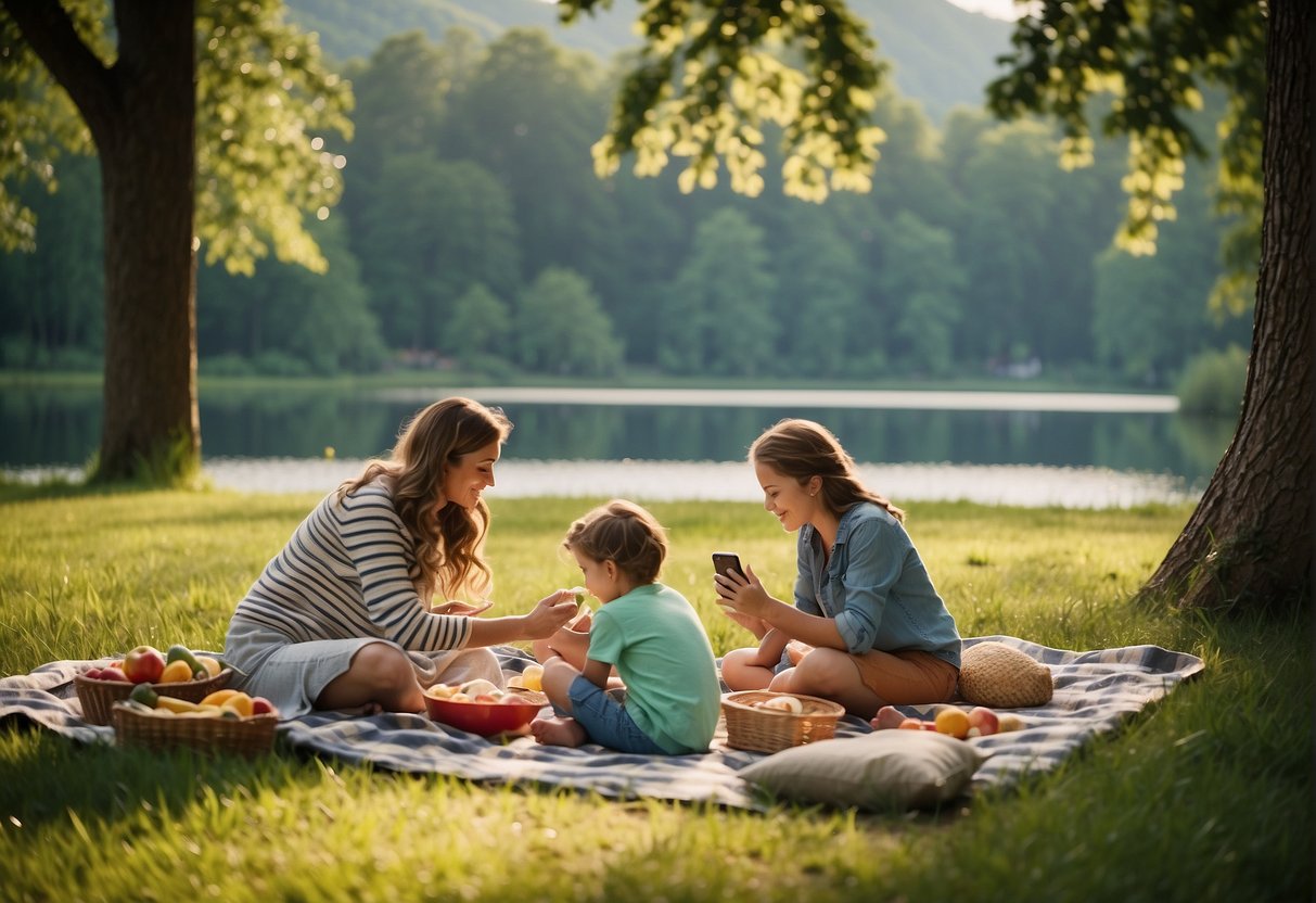 Families spread blankets on lush green grass, surrounded by towering trees and a tranquil lake. Picnic baskets, colorful umbrellas, and playful children add charm to the scene