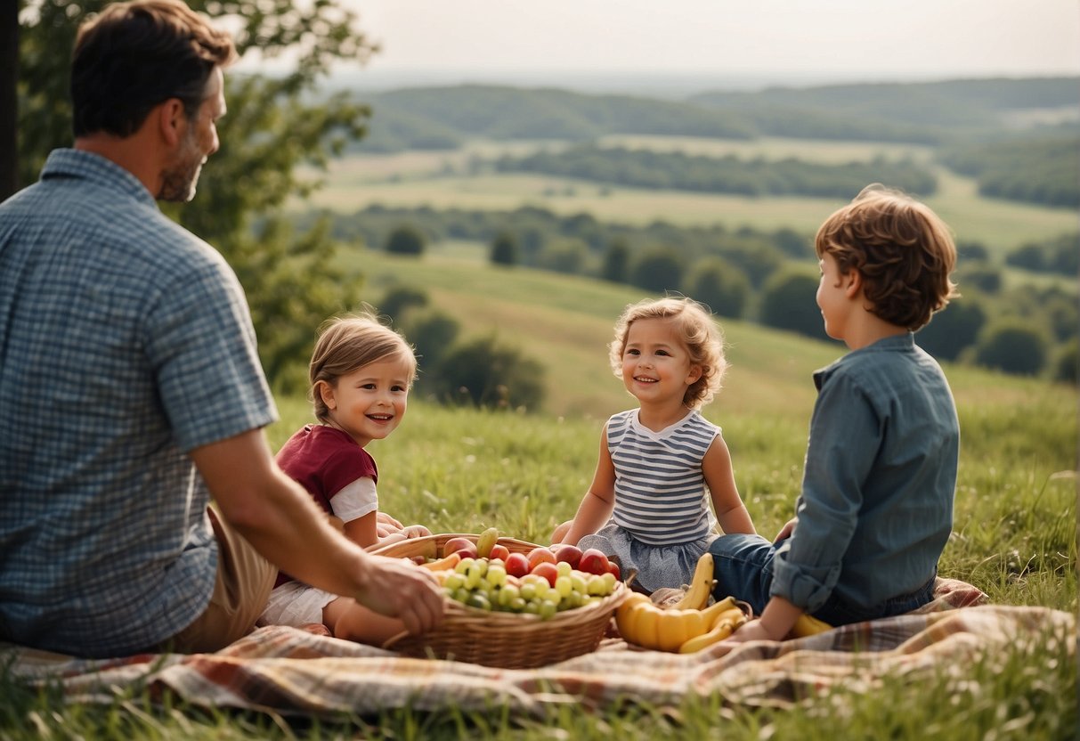 Families enjoying a picnic on a grassy hill overlooking a scenic Missouri landscape with rolling hills, lush greenery, and a winding river in the distance