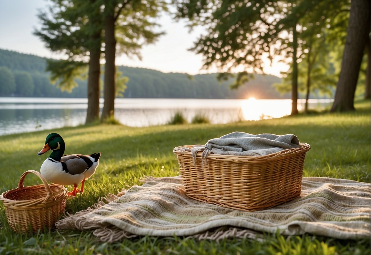 A grassy hill overlooks a peaceful lake, surrounded by tall trees. A colorful picnic blanket is spread out with a wicker basket and a family of ducks waddling nearby
