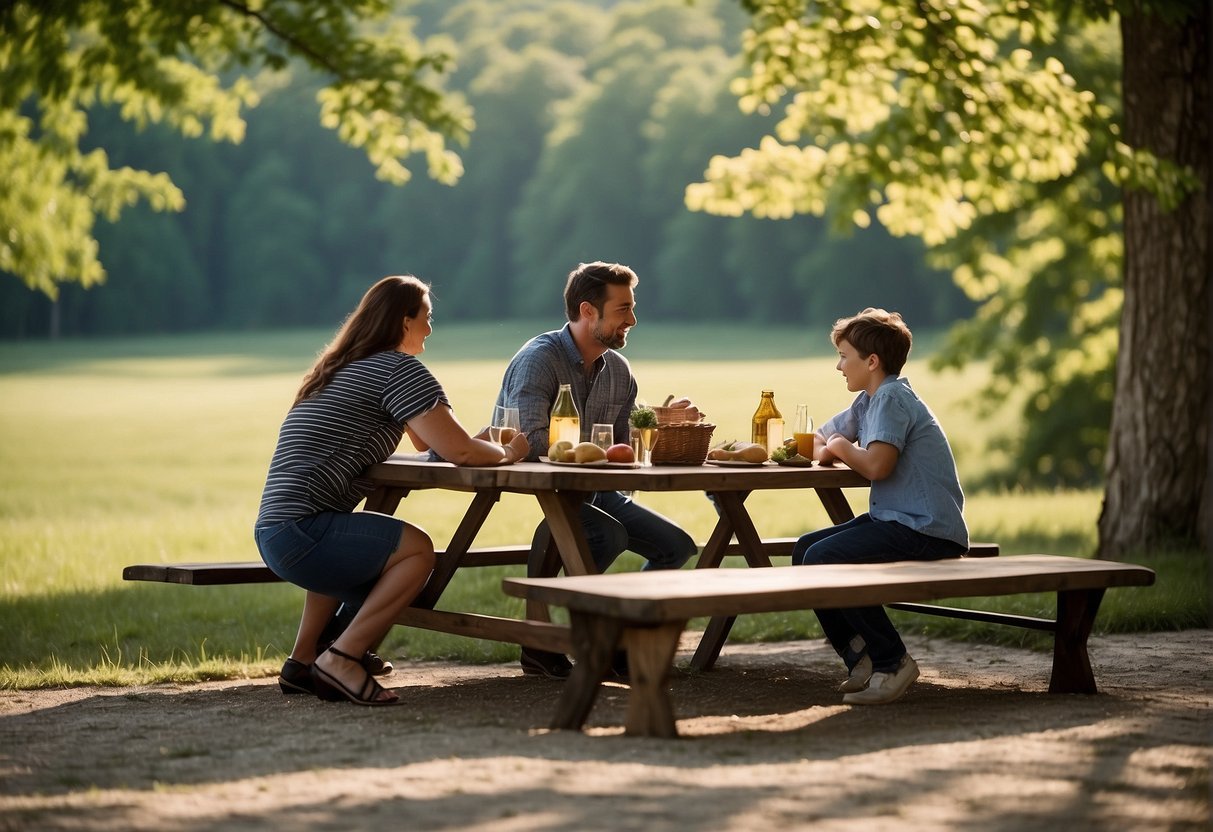 Families picnic at scenic spots in Missouri, with lush greenery and rolling hills in the background. Tables and benches are set up for outdoor dining