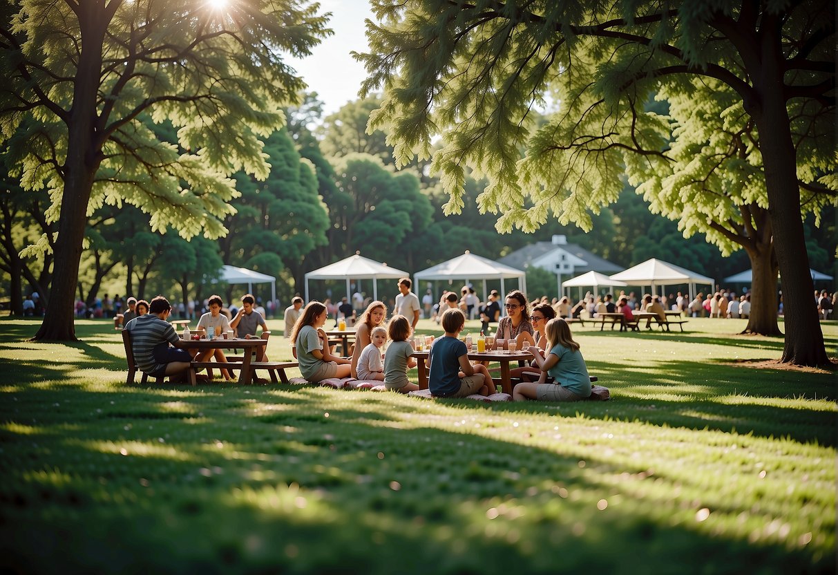Families picnic in lush parks with scenic views, enjoying outdoor dining and recreational activities