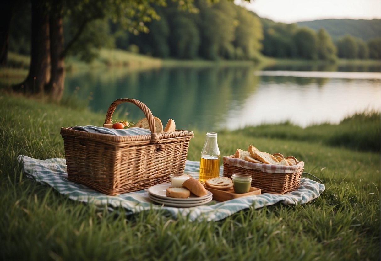 A family picnicking on a grassy hill overlooking a serene lake surrounded by lush greenery and rolling hills in Missouri. A picnic basket and blanket are laid out with a spread of delicious food