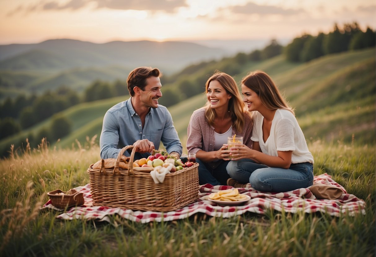 A family picnicking on a grassy hill overlooking a scenic Missouri landscape. A picnic basket, blanket, and food spread out on the ground
