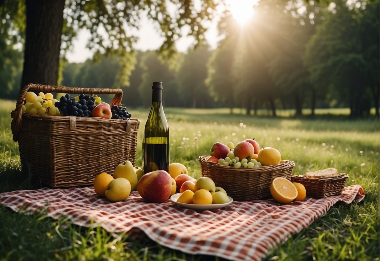 A picnic blanket laid out on a grassy meadow, surrounded by towering trees and a winding river. A wicker basket filled with fresh fruits, sandwiches, and a bottle of wine sits in the center
