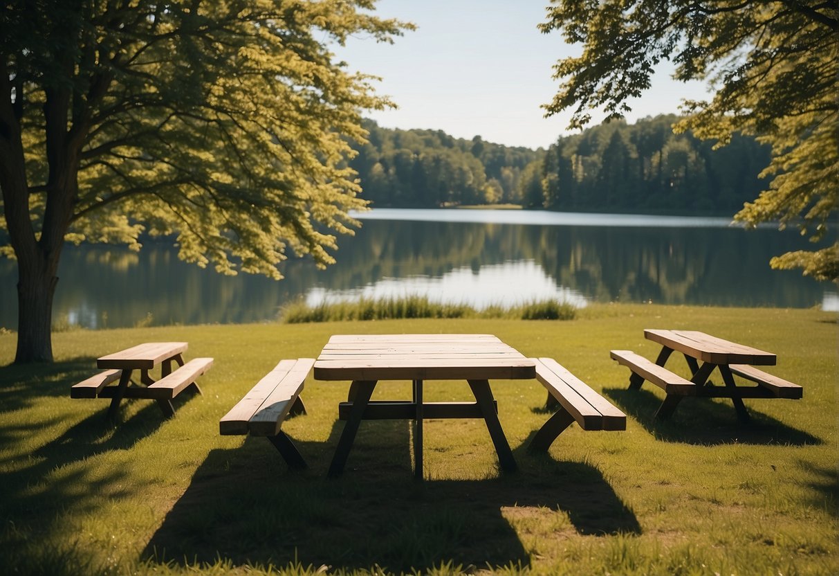 A sunny day at a Missouri picnic spot. A grassy area with picnic tables, surrounded by trees and a lake in the background