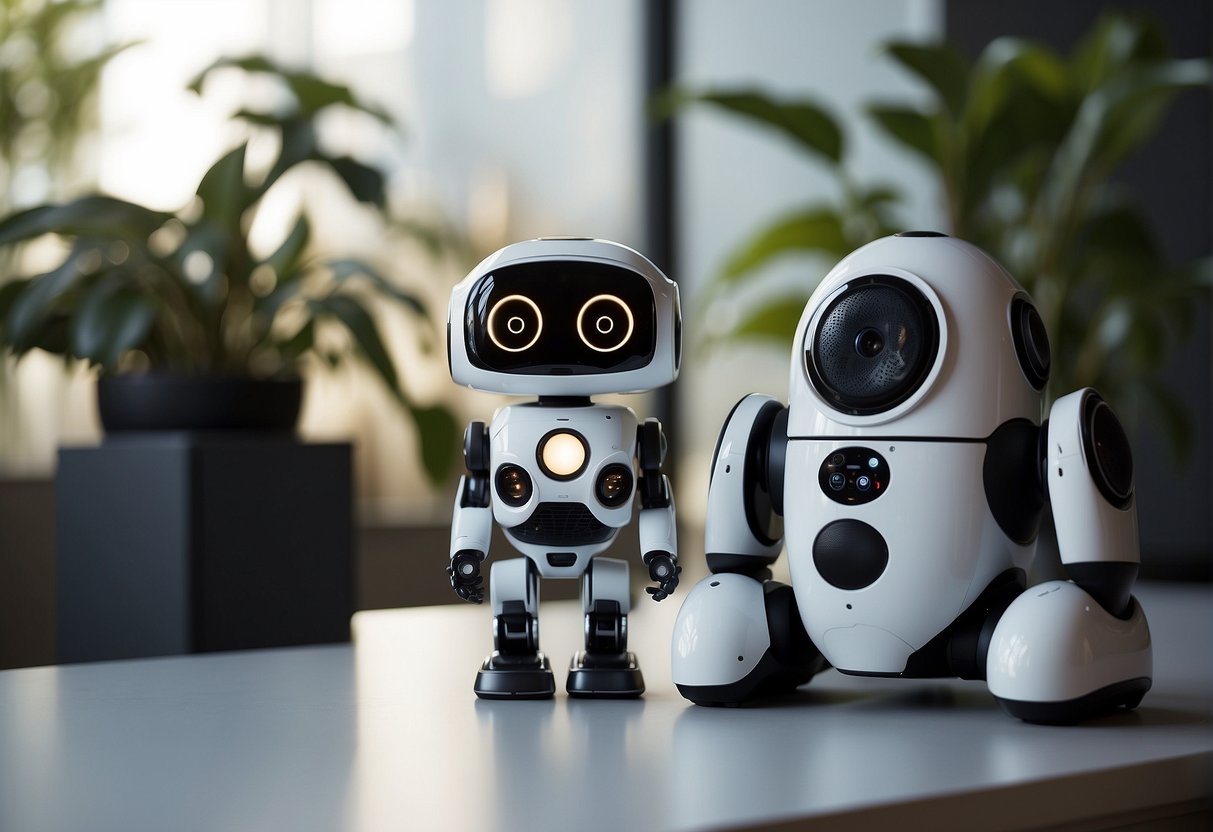 AI companions: A robot, a virtual assistant, and a smart speaker standing together, each with a distinct design and personality