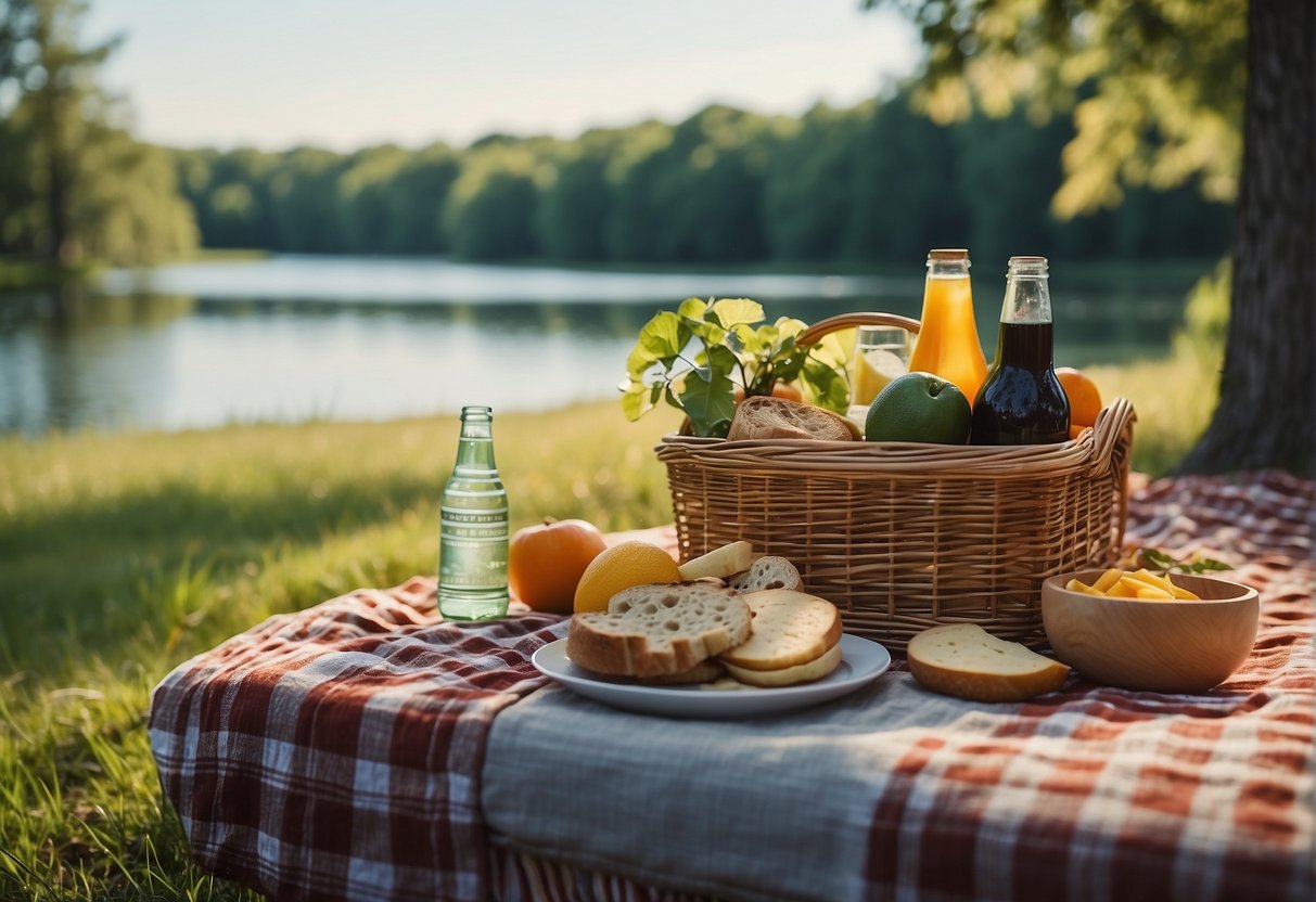 A picnic basket filled with food and drinks sits on a checkered blanket in a lush Missouri park, surrounded by trees and a serene lake