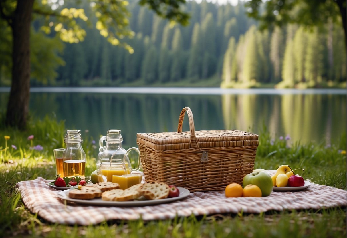 Families enjoying picnics near a serene lake, with lush greenery and colorful wildflowers in the background. A picnic basket filled with delicious food sits on a checkered blanket