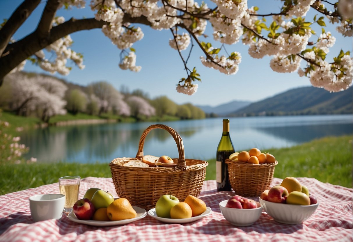 A colorful picnic blanket spread out under a blooming cherry blossom tree, with a wicker basket filled with fresh fruits, sandwiches, and a bottle of wine. Surrounding the scene are rolling green hills and a serene lake reflecting the clear blue sky