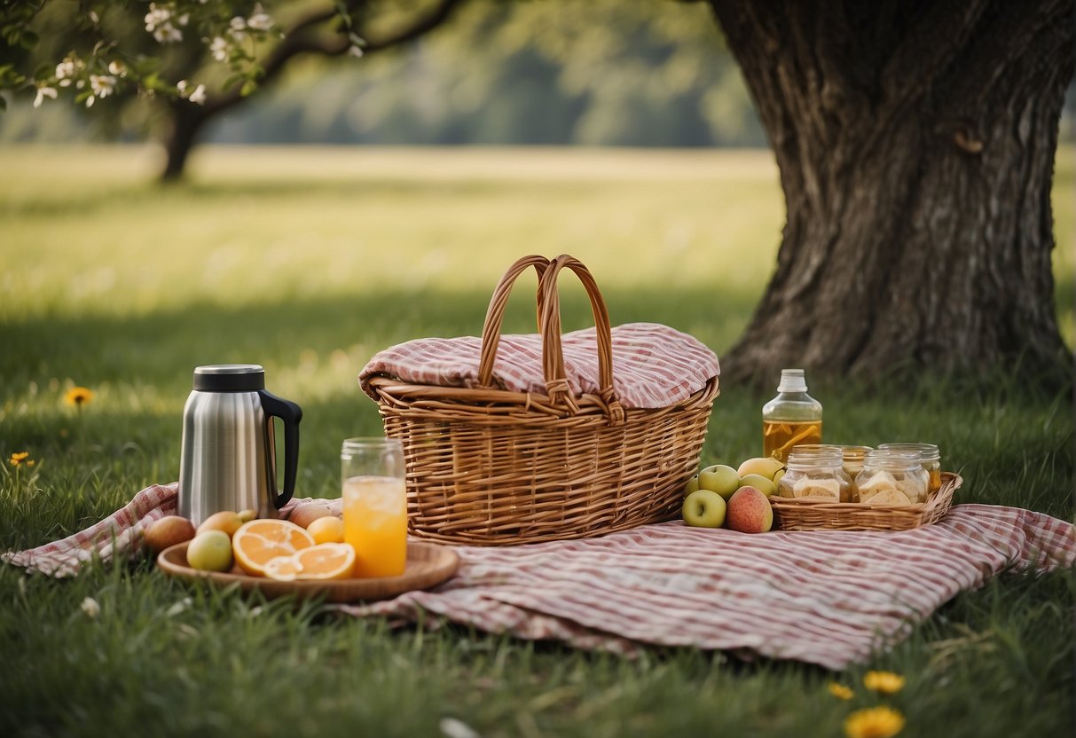 A colorful picnic blanket spread out under a shady oak tree, surrounded by rolling hills and blooming wildflowers, with a wicker basket filled with delicious treats and a thermos of refreshing drinks