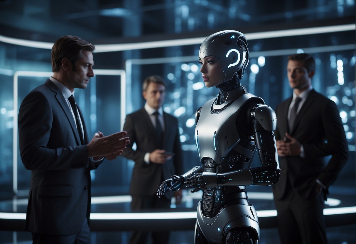 A diverse group of AI companions interacting with various ethical dilemmas and potential risks in a futuristic setting