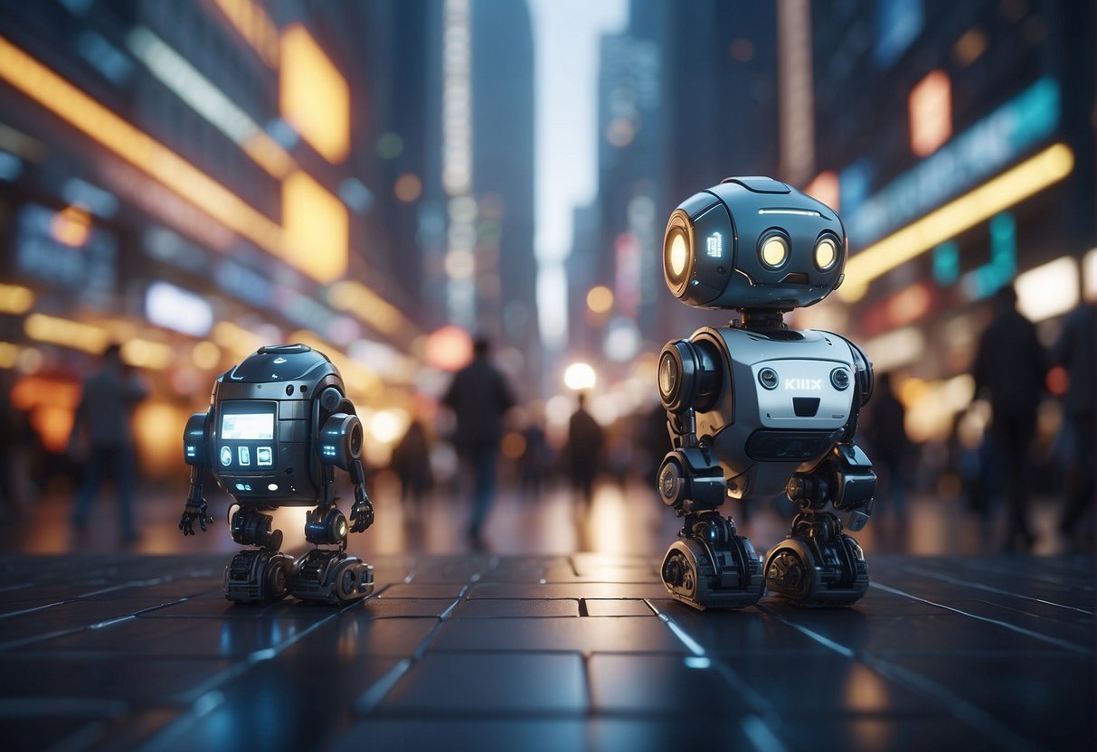 A futuristic cityscape with various AI companions interacting with humans and each other, showcasing different types of AI companions such as robotic pets, personal assistants, and emotional support companions